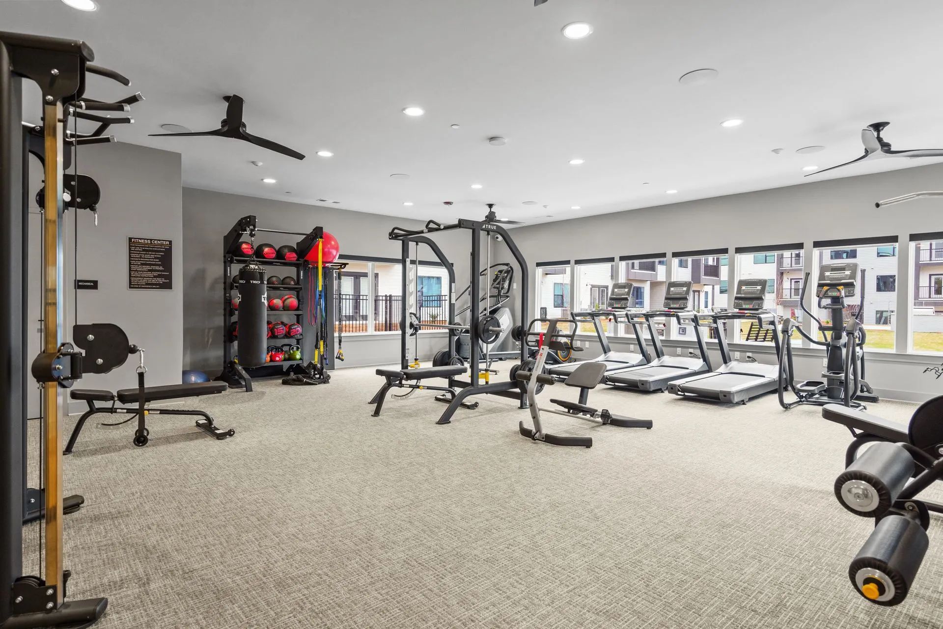 Gym with weight machines, cardio equipment, and free weights, neutral carpet, and windows.