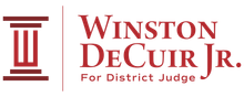 Winston DeCuir Jr. for District Judge campaign logo in red with a courthouse column icon