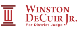Winston DeCuir Jr. for District Judge campaign logo in red with a courthouse column icon