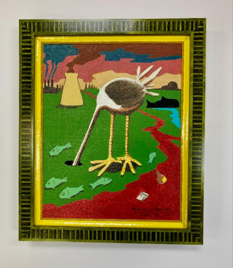 A framed painting of a bird with a long neck