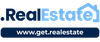 RealEstate logo with website URL www.get.realestate in blue and white
