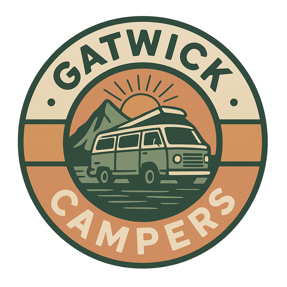A logo for gatwick campers with a van and mountains in the background.