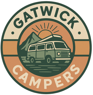 A logo for gatwick campers with a van and mountains in the background.