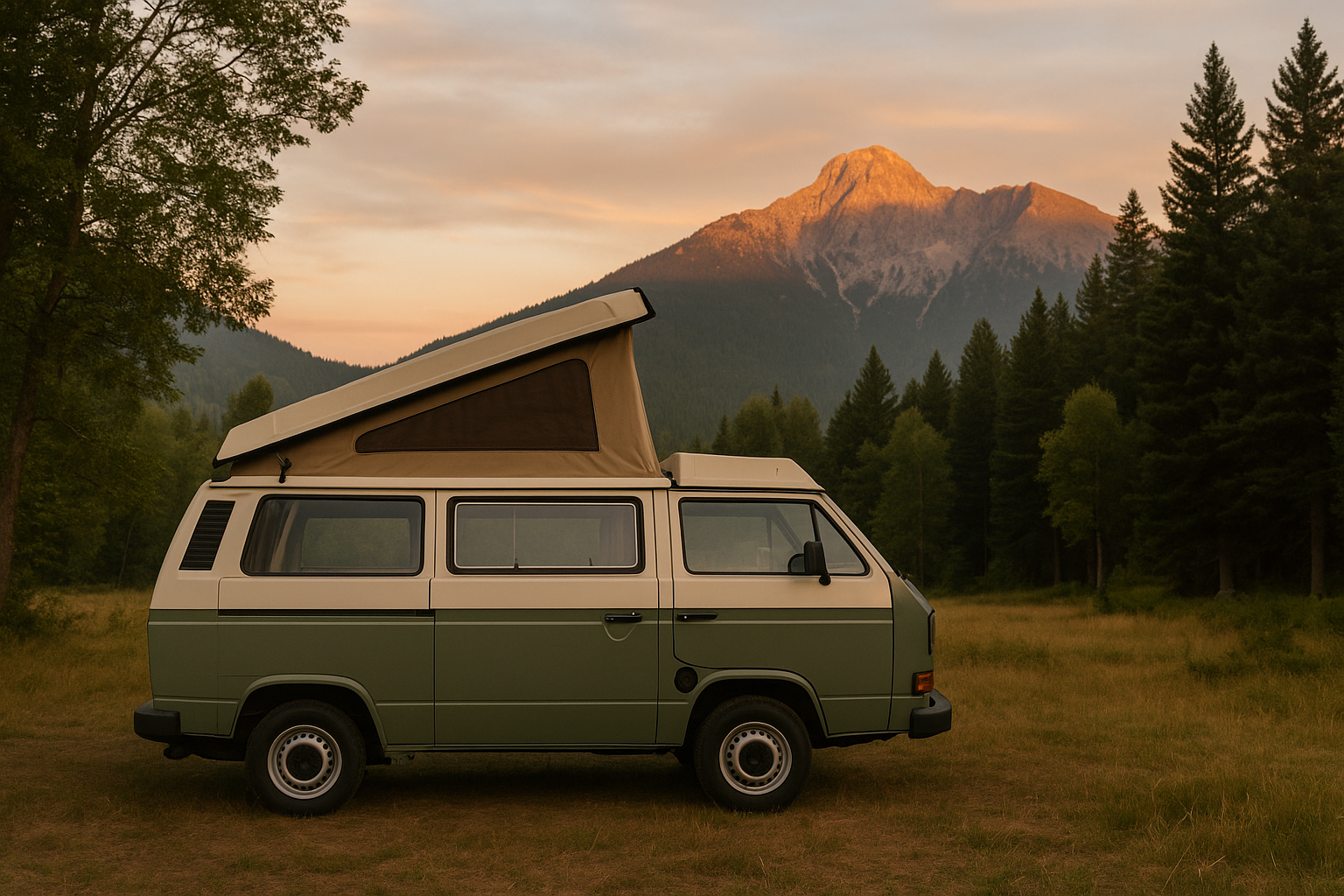 A green and white van is parked in a field with a mountain in the background.