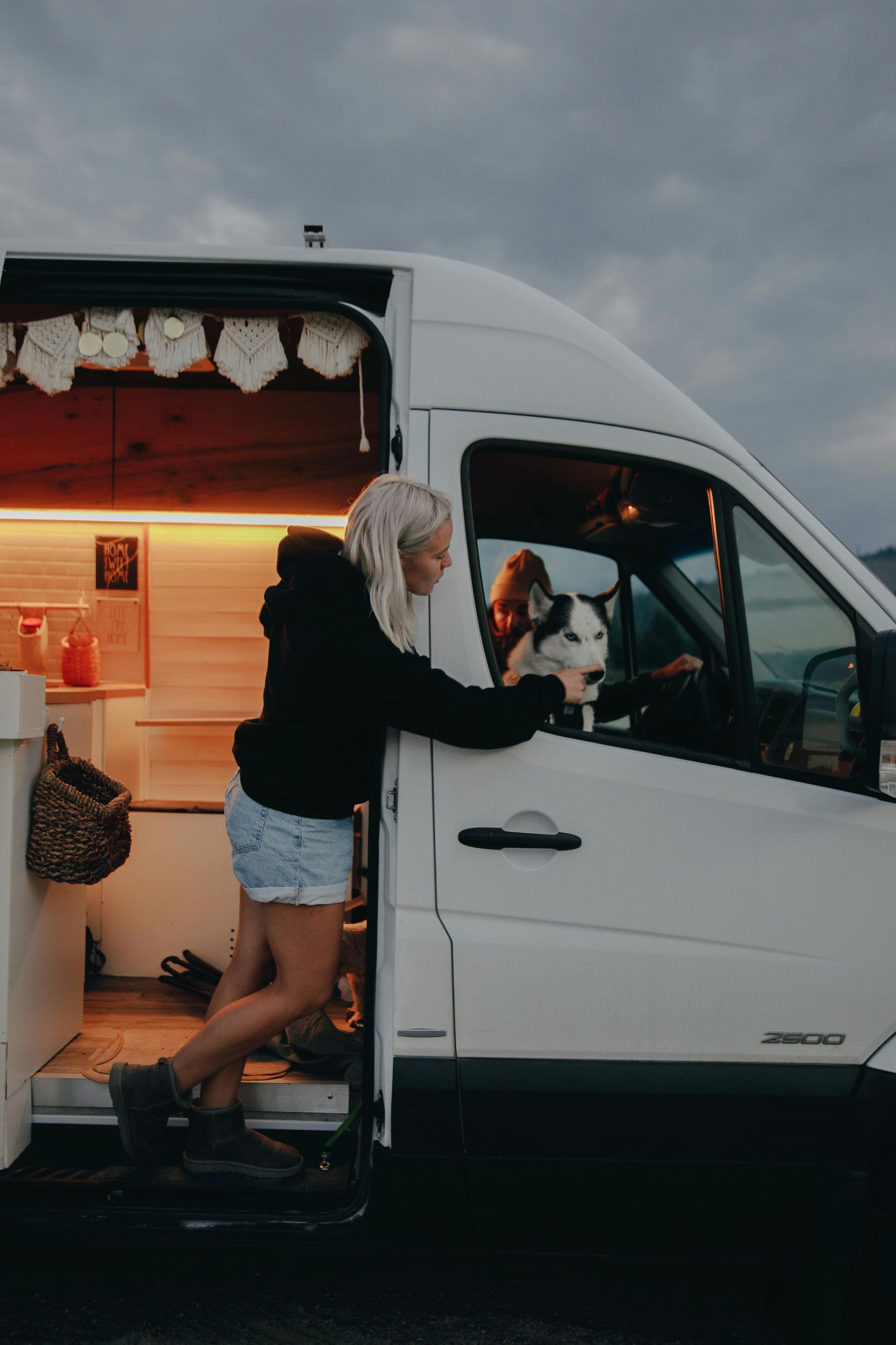 A woman is petting a dog in a van.