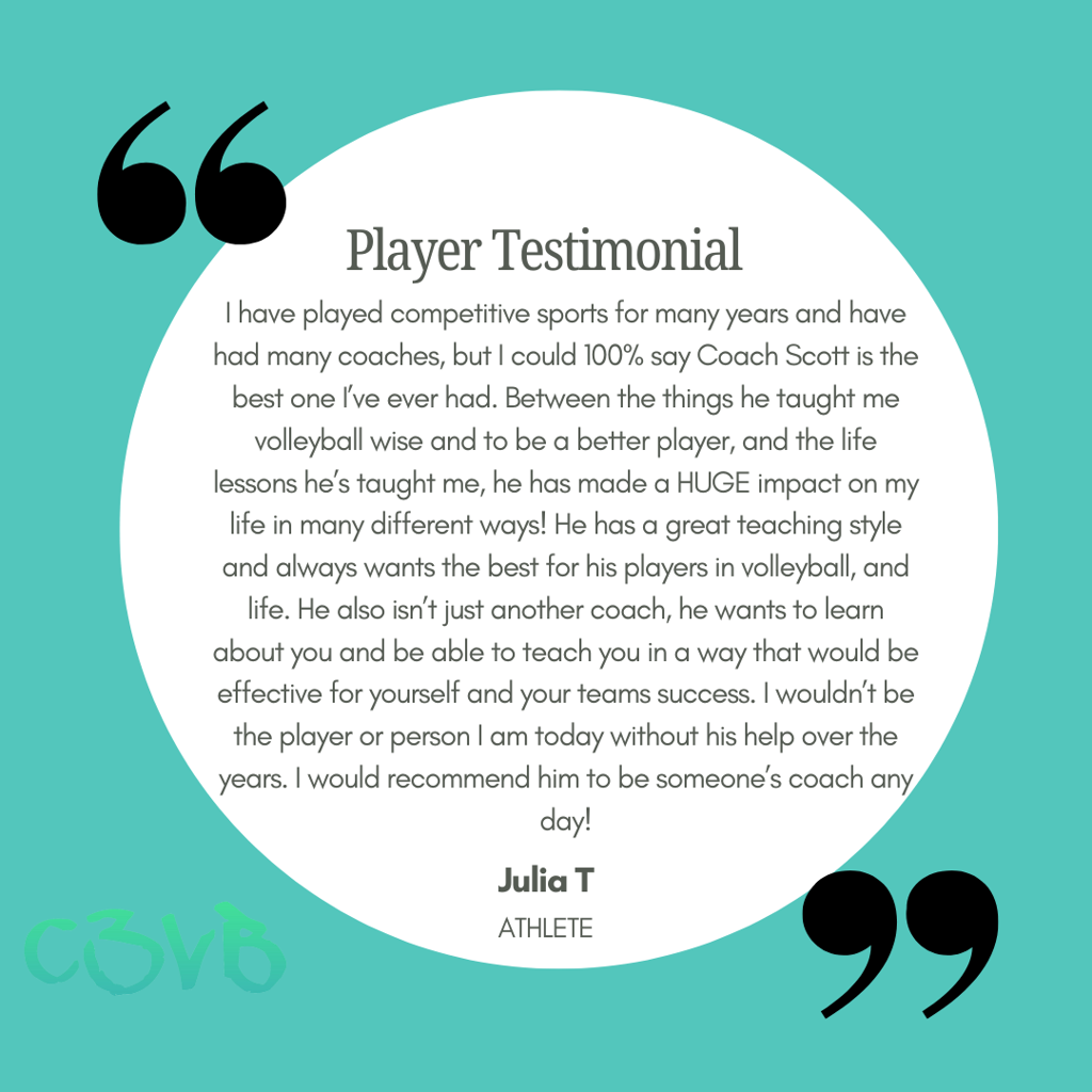 Teal graphic with a white circle containing a glowing testimonial for Coach Scott from athlete Julia T.