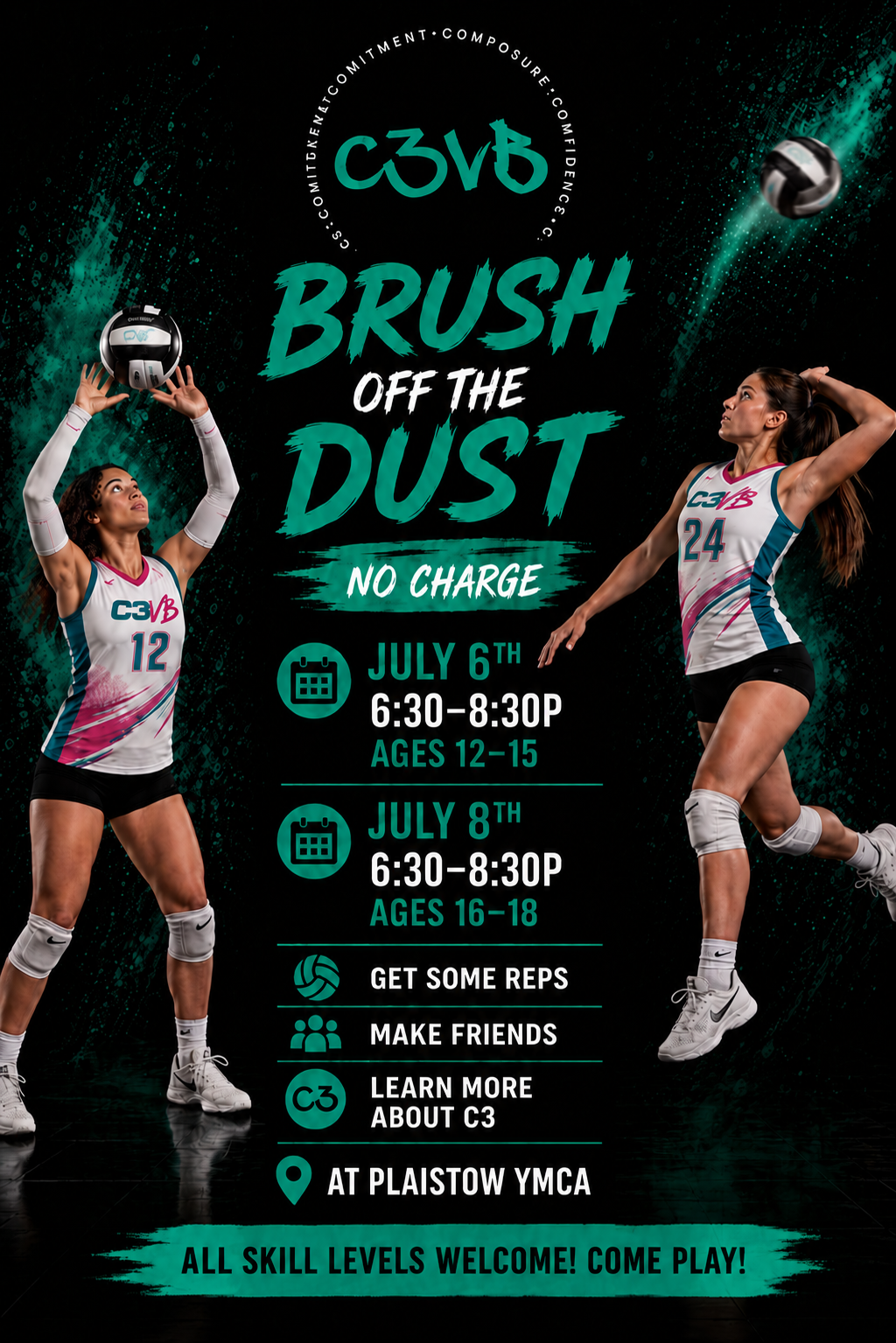 Brush Off The Dust youth volleyball open gym flyer with two players, teal and black design, July 6-8 and 9-11 details
