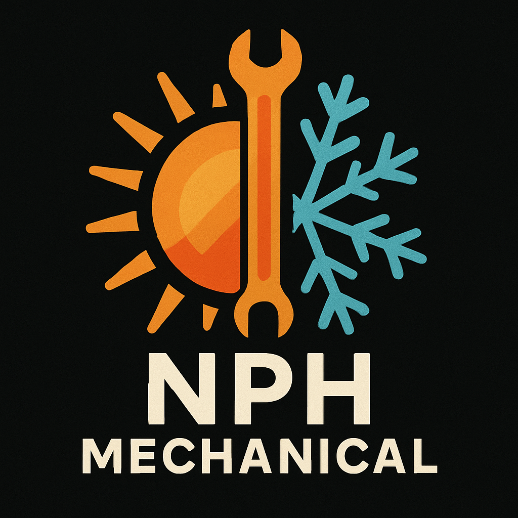 Logo for NPH Mechanical: sun, snowflake, wrench, and initials 