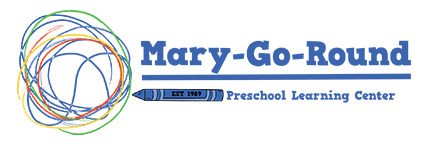 Logo for Mary-Go-Round Preschool Learning Center, featuring a colorful scribble circle and a blue crayon.