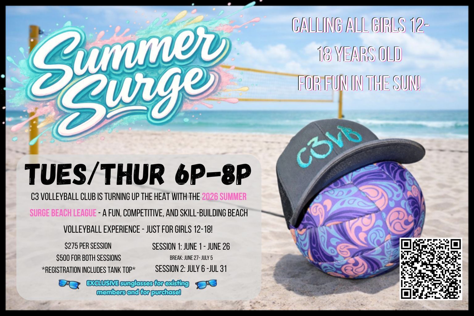 Summer Surge event flyer for girls 12-18, featuring a volleyball with a C3VB hat on a beach, with QR code and event details.