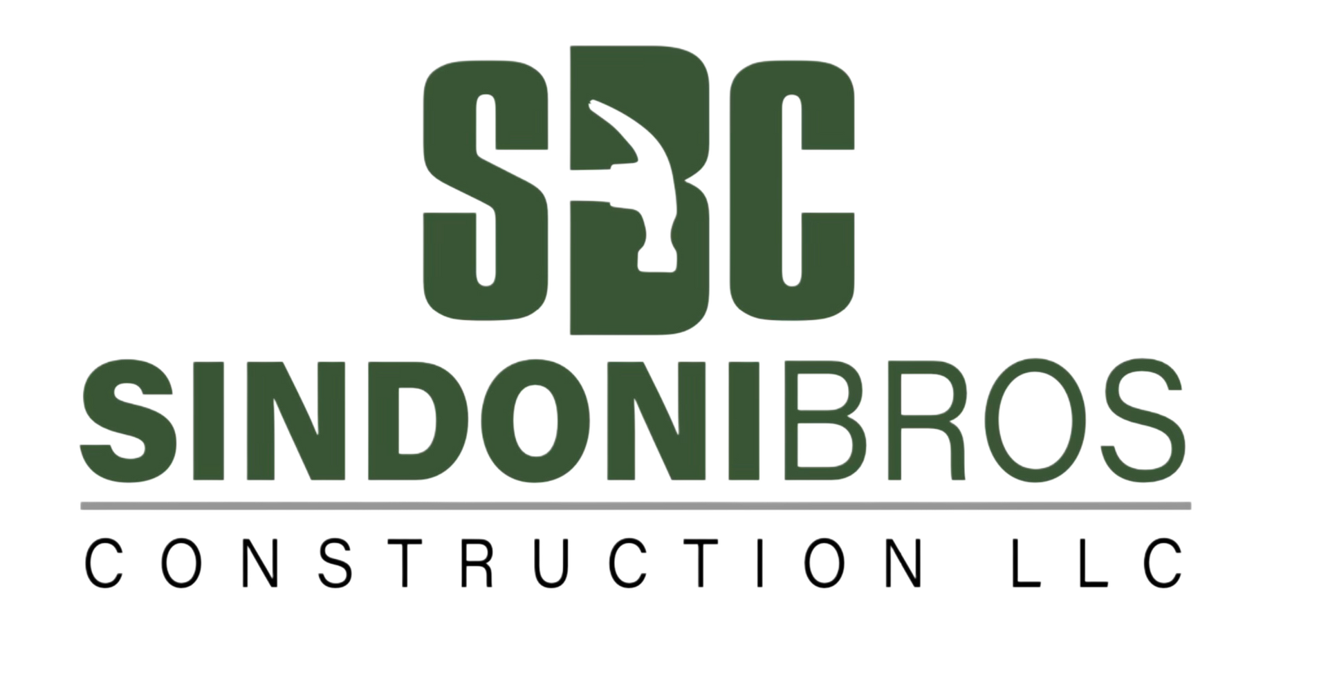 Logo for Sindoni Bros Construction LLC: Dark green text and hammer icon on a white background.