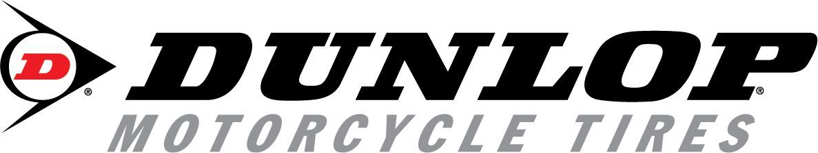 Dunlop motorcycle tire logo in black and red on a white background.