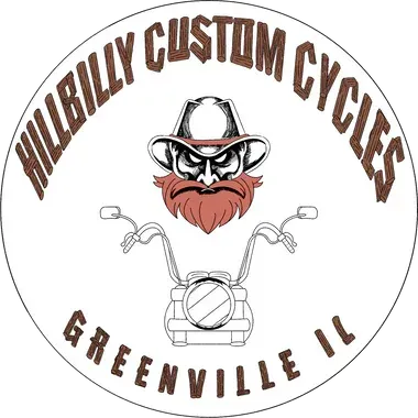 Hillbilly Custom Cycles logo with a cartoonish biker face, motorcycle handlebars, and the text 