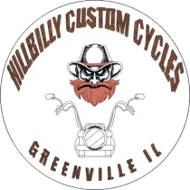 Hillbilly Custom Cycles logo with a cartoonish biker face, motorcycle handlebars, and the text 