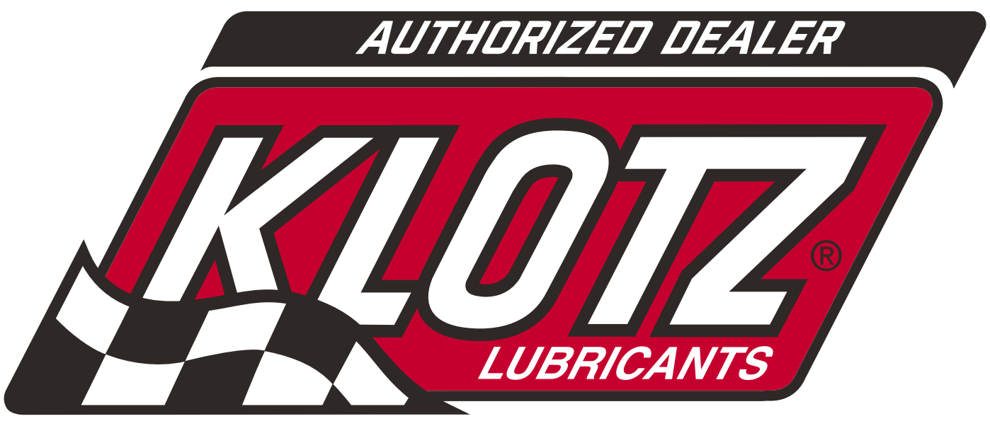 Logo for Klotz Lubricants, red and white on a black background with a checkered flag.