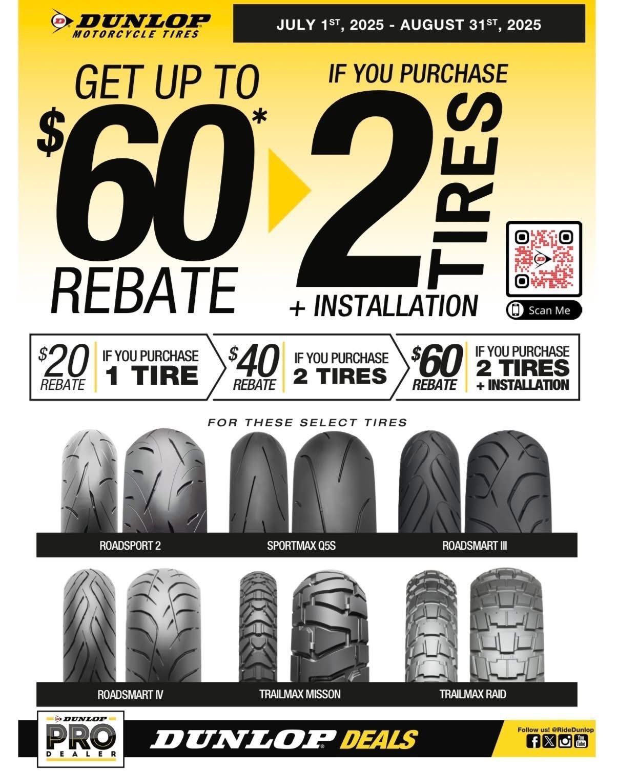 Dunlop motorcycle tire rebate promotion: up to $60 back with 2 tires + installation.