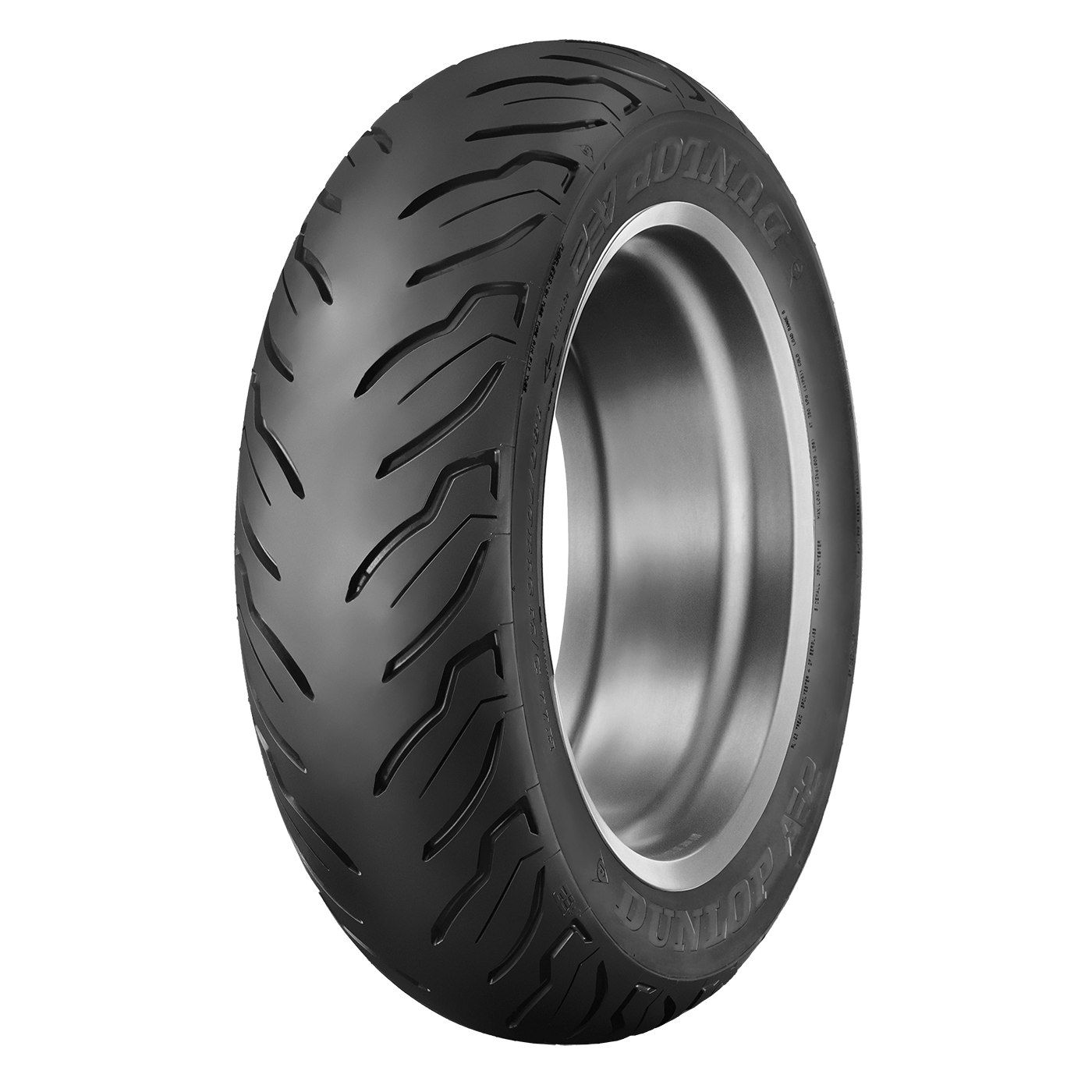 Black motorcycle tire with tread pattern against a white background.