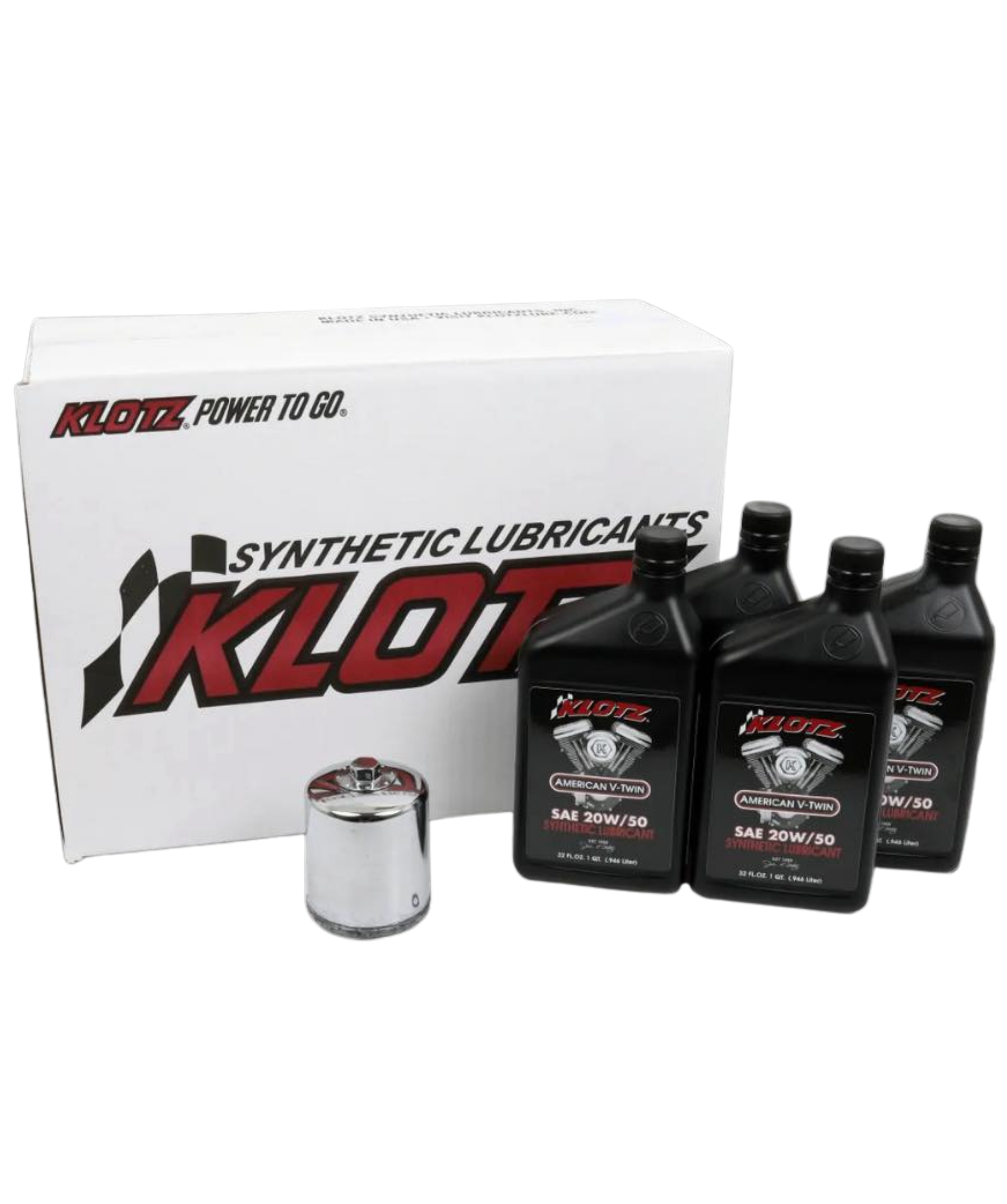 Box of Klotz synthetic lubricants with four oil bottles and an oil filter.
