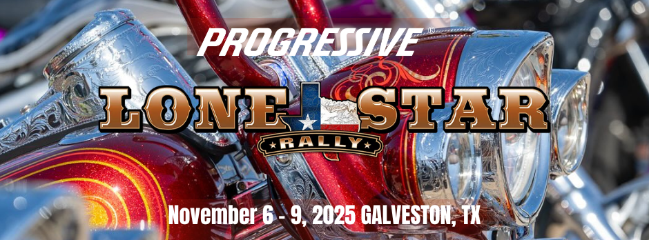 Lone Star Rally, November 6-9, 2025 Galveston, TX. Event logo on motorcycle chrome detail, red and blue accents.