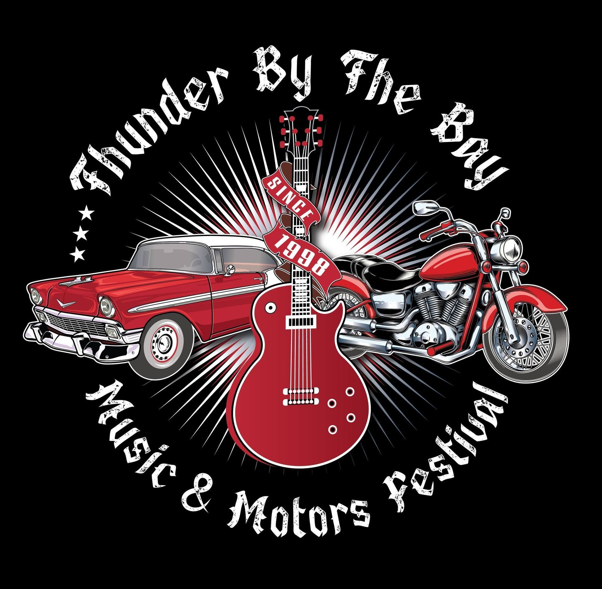 Circular logo: Thunder Creek Motorcycle Rally Music Fest 2025, green and gray, motorcycle graphic, 