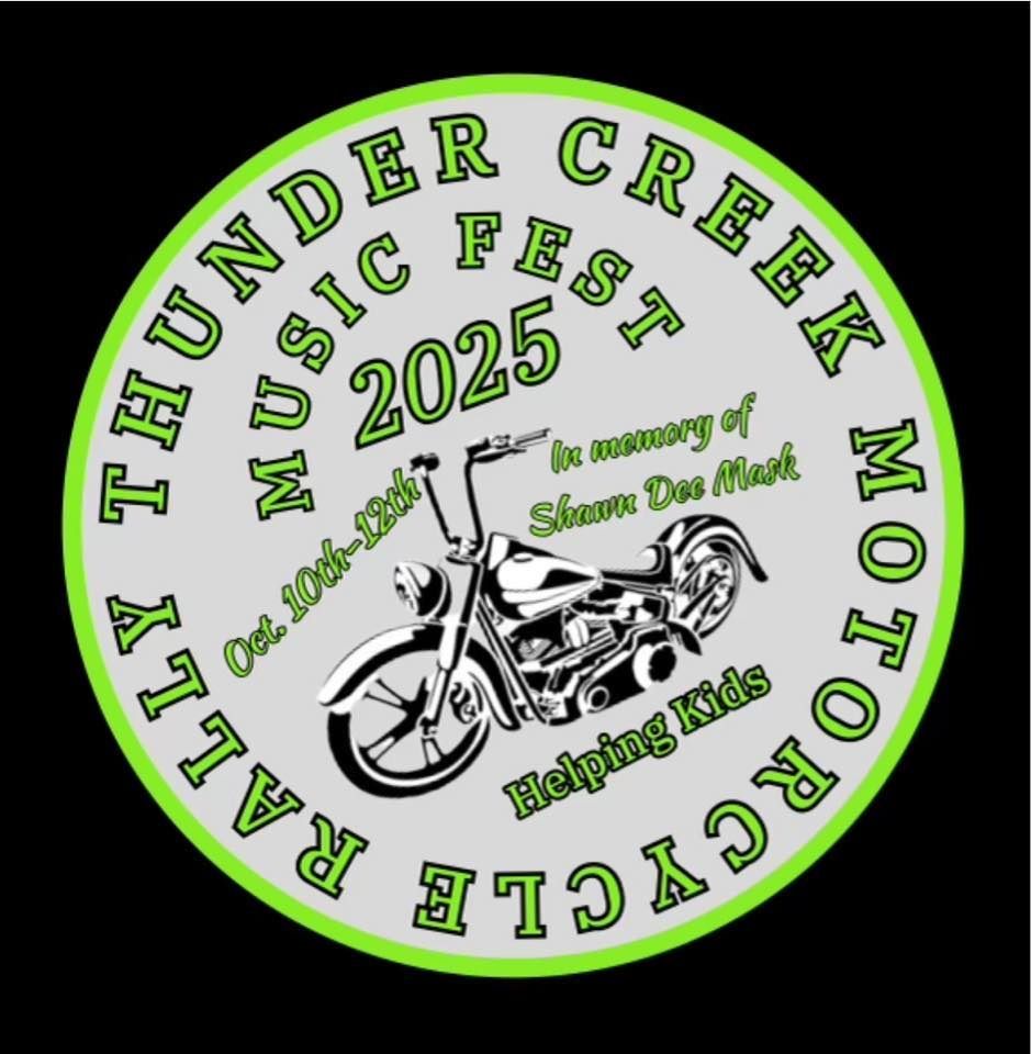 Circular logo: Thunder Creek Motorcycle Rally Music Fest 2025, green and gray, motorcycle graphic, 