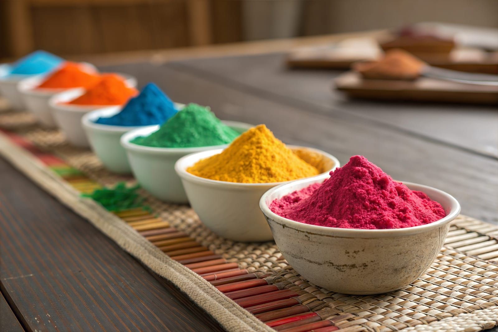 A vibrant display of colorful powders in small bowls arranged in a tight grid. High quality photo