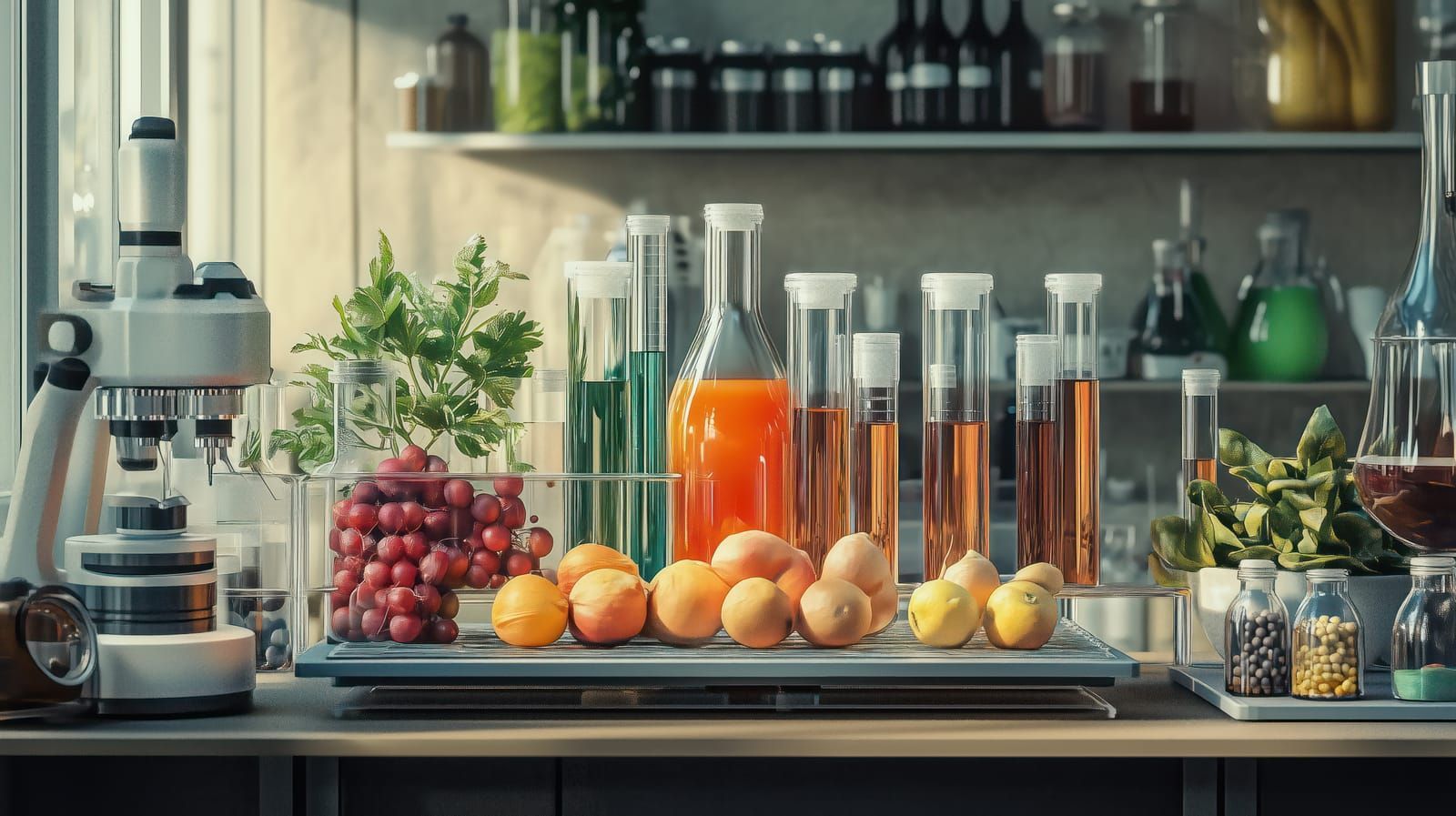 Scientific laboratory with fruits, vegetables, and test tubes for food analysis and quality control 