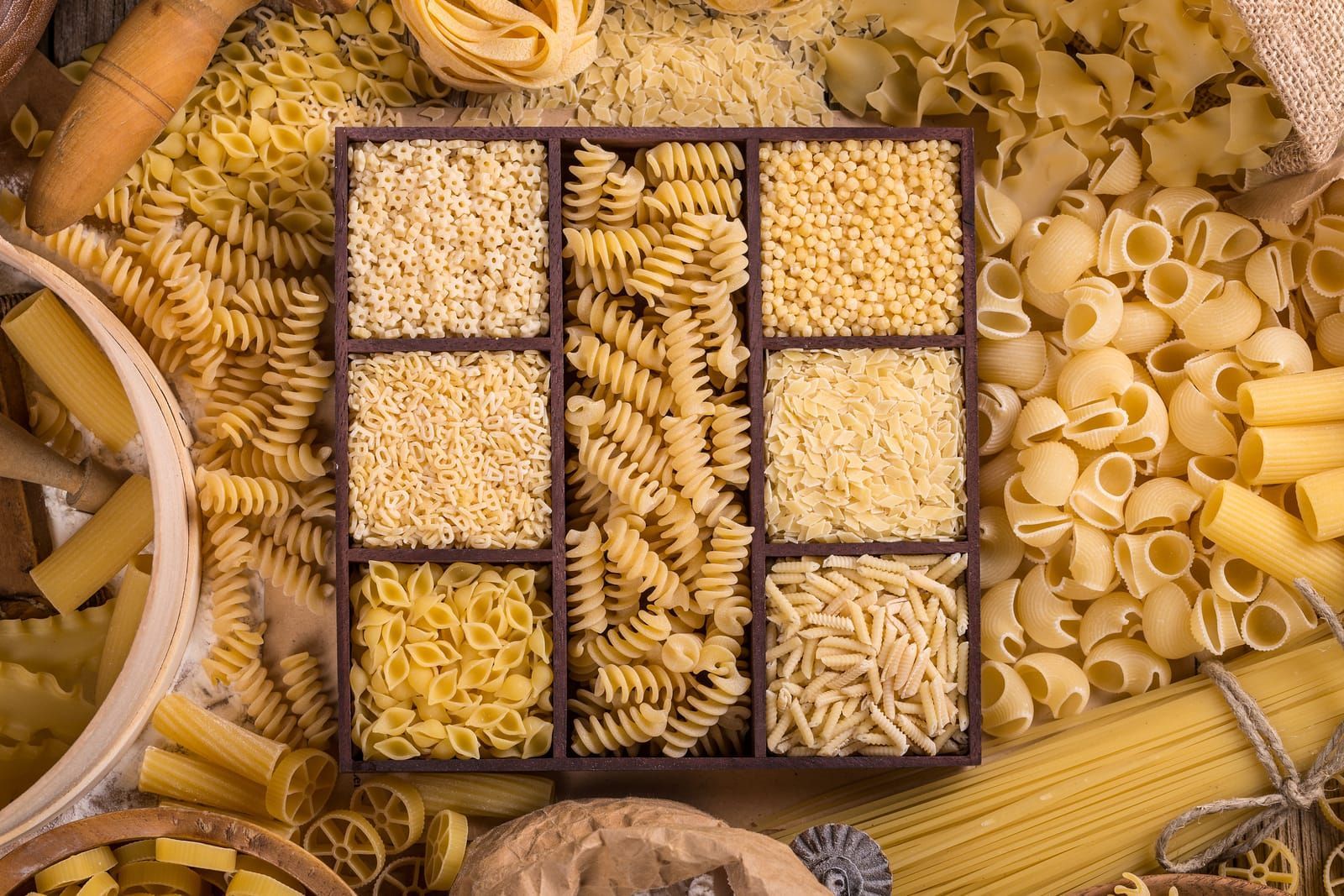 Top view of various types of pasta