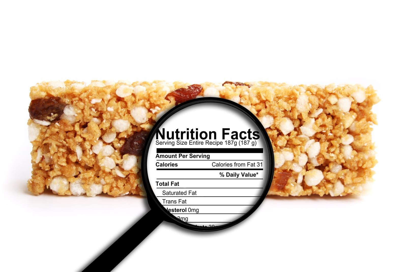 nutrition bar with magnifying glass highlighting nutrition label