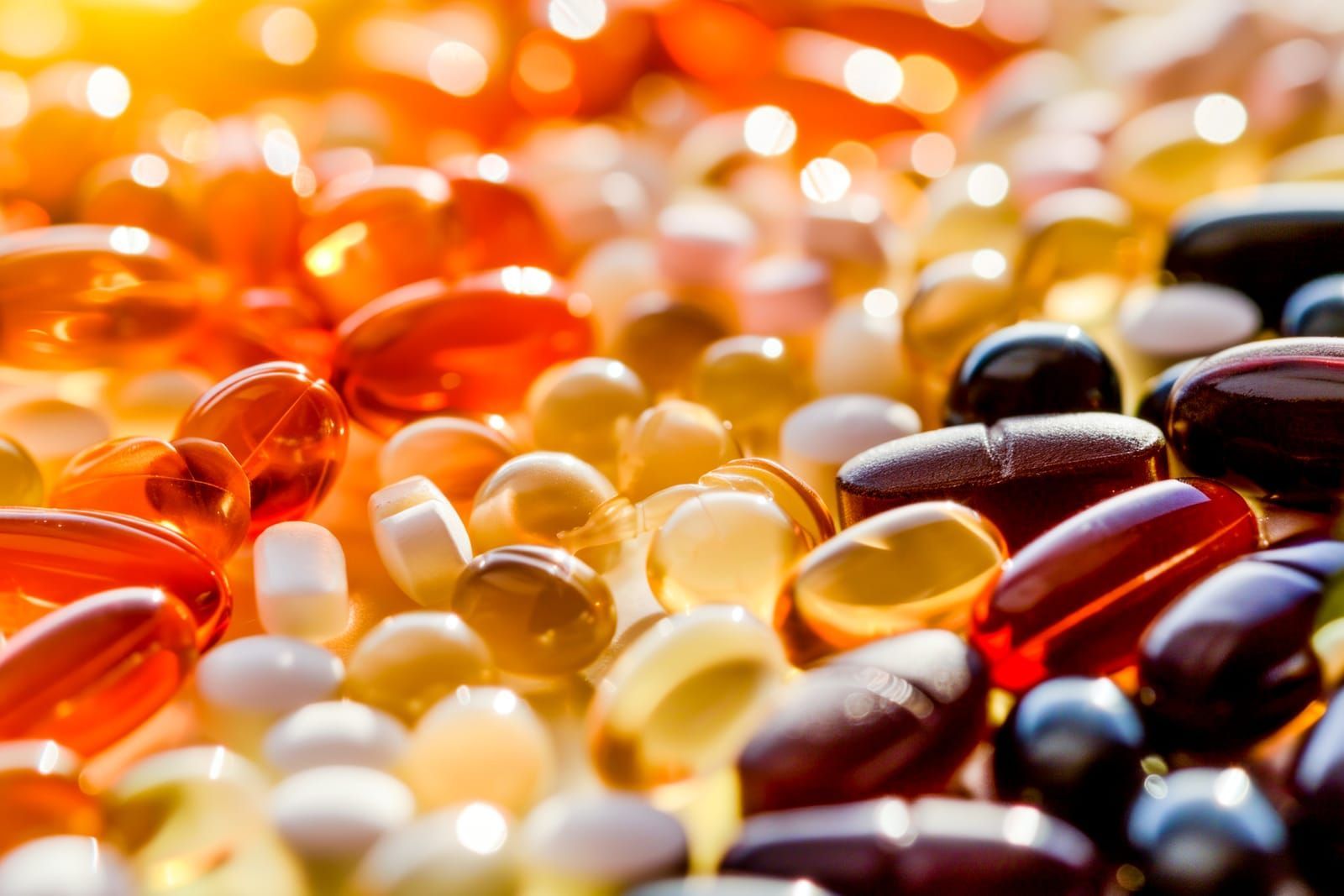 A diverse collection of colorful capsules and pills in bright light, symbolizing health and medicine