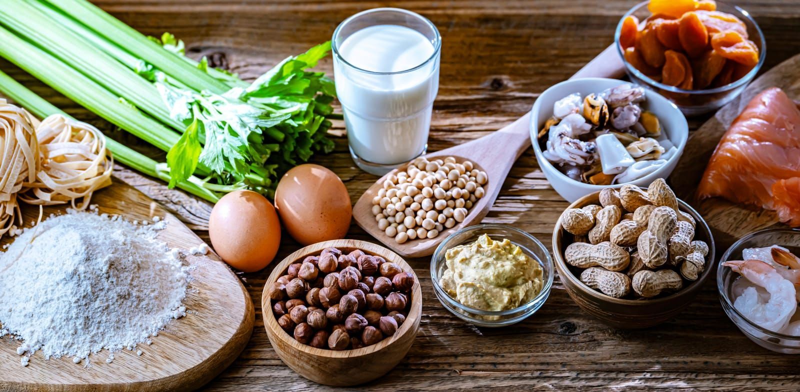 Composition with common food allergens including egg, milk, soya, nuts, fish, seafood, wheat flour, 