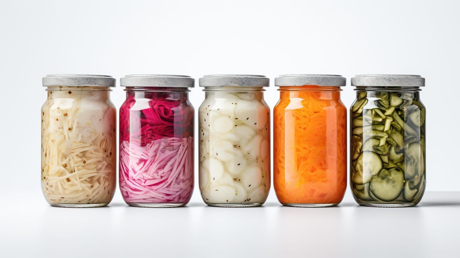 Assorted pickled or fermented vegetables in jars on white, sealed and stored. 