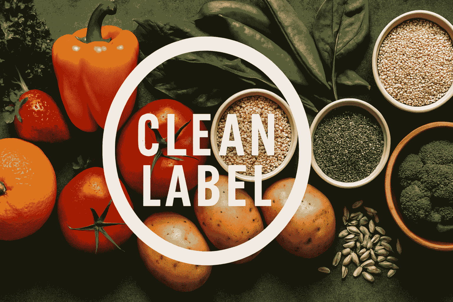 background of vegitables and grains with a Clean Label logo displayed