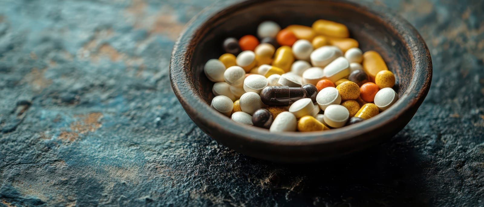 Brown bowl with colored pills inside