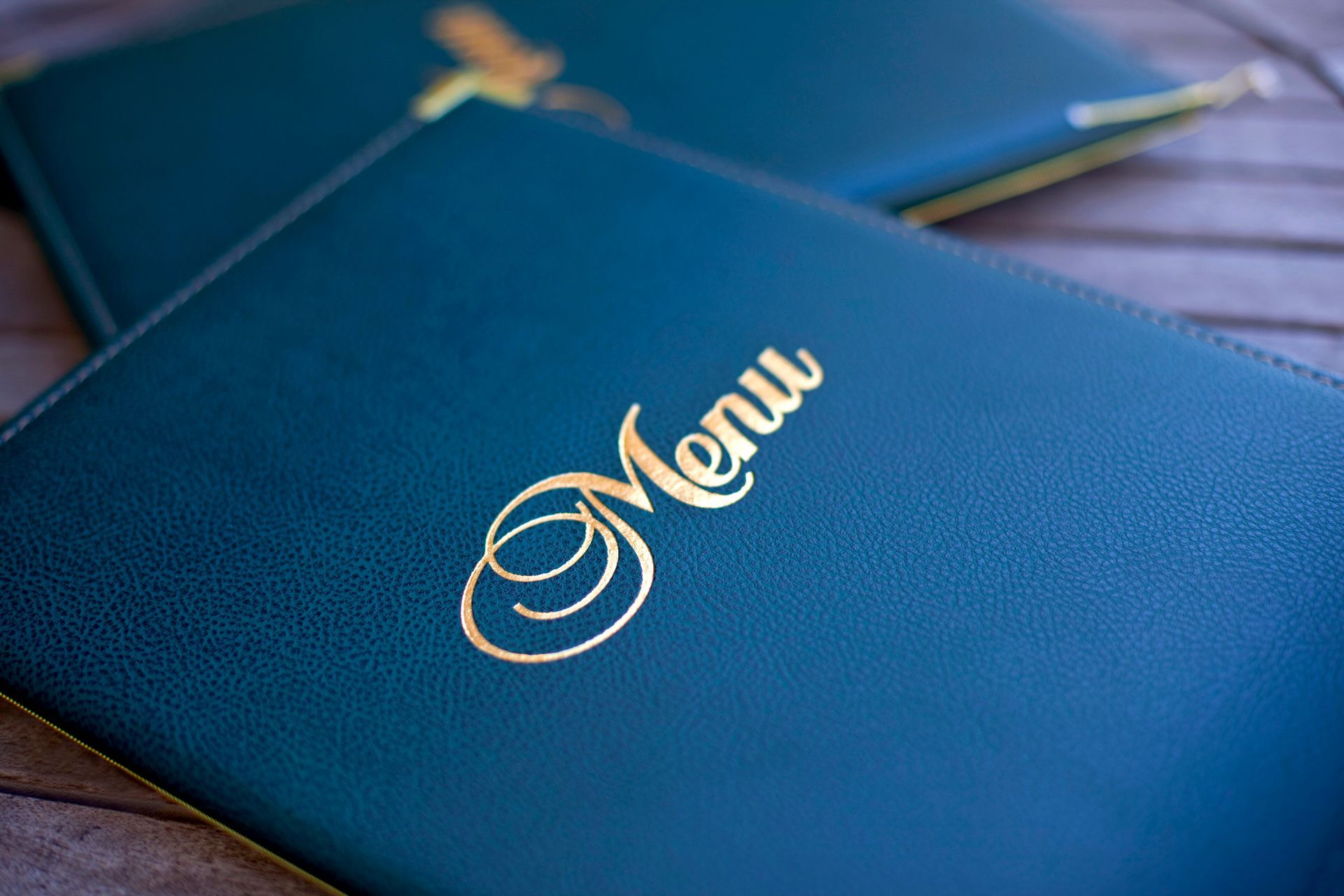 Blue Menu with label in gold