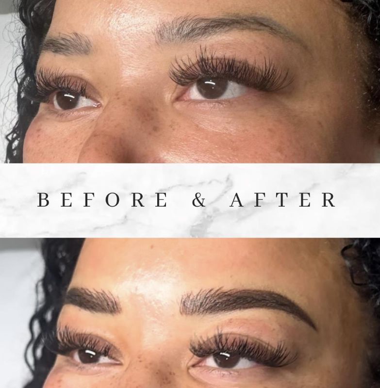 Before and after photos showing eyebrow transformation. Darker, fuller brows and lash extensions.