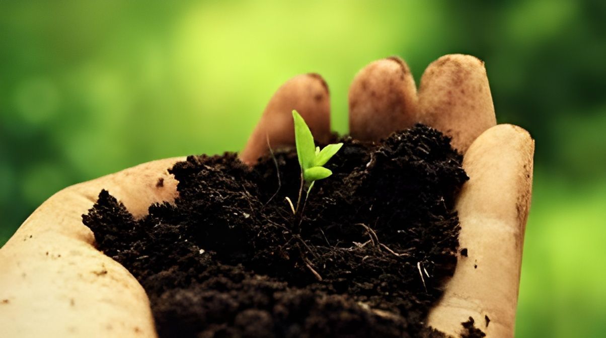 Hand holding dark soil with a small green sprout against a blurred green background.