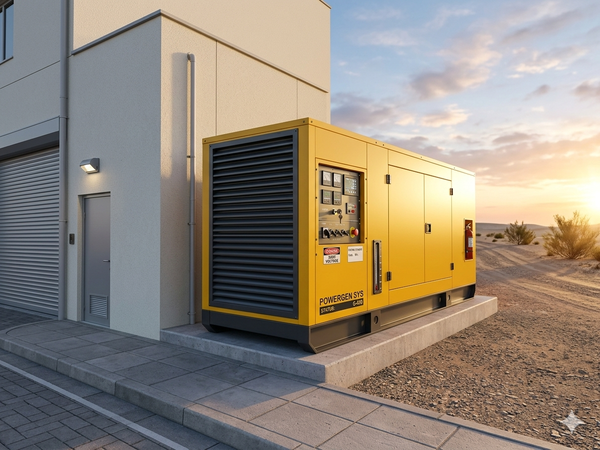Snow-covered house with a generator in the yard. Snow is falling.