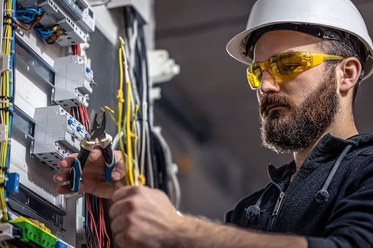 Electrician in safety gear working on wires in an electrical panel.