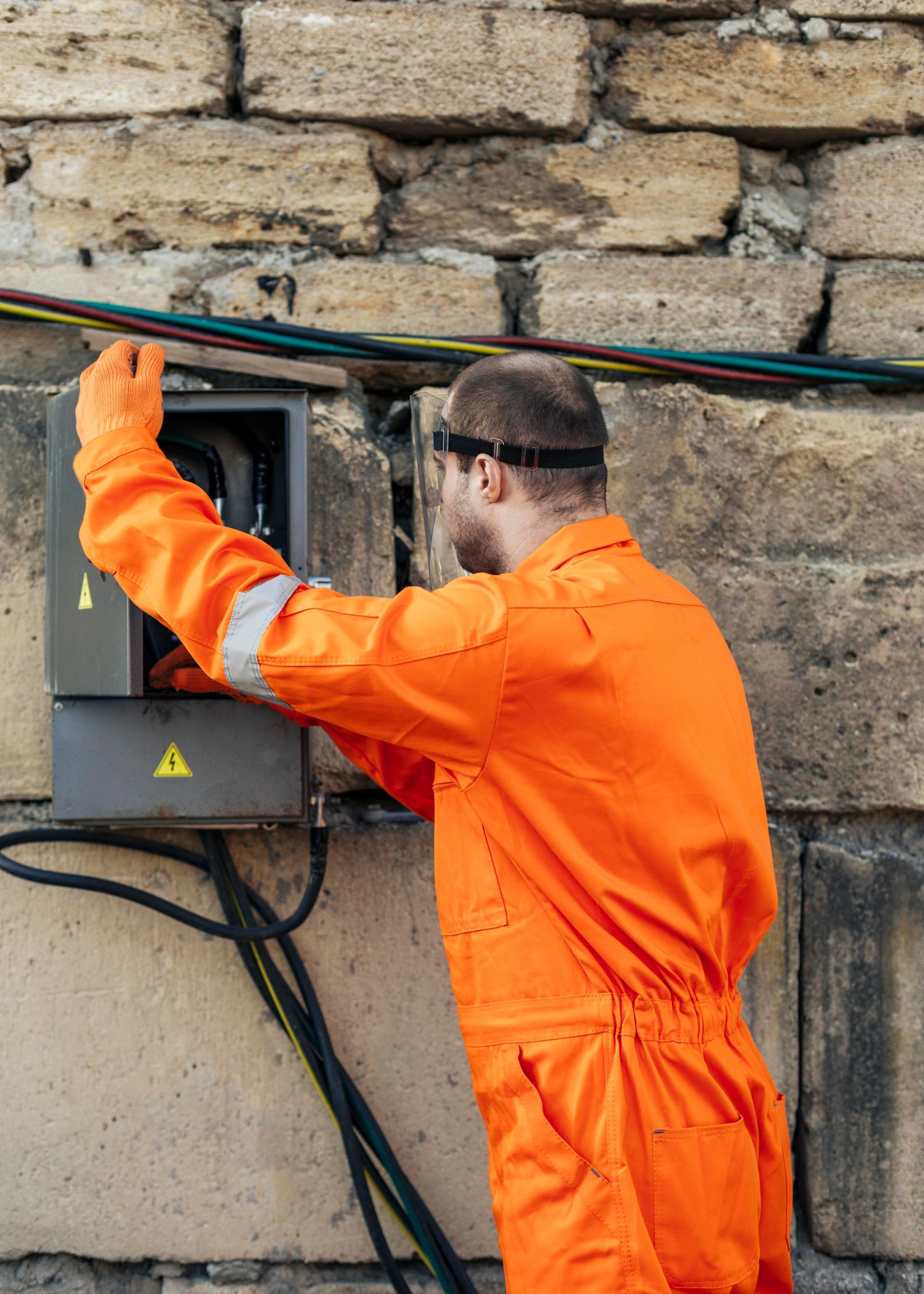 Electrician in orange jumpsuit works on electrical box mounted to a brick wall.