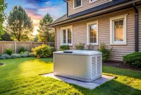 Generator on a concrete pad in a yard next to a two-story house with green grass and trees.