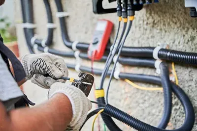 Electrician in gloves, using crimp tool on wires near black conduit and a multimeter on a building exterior.