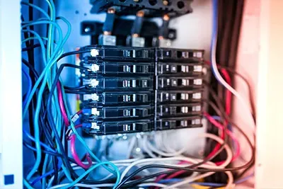 Electrical panel with blue, black, and white wires connected to circuit breakers.