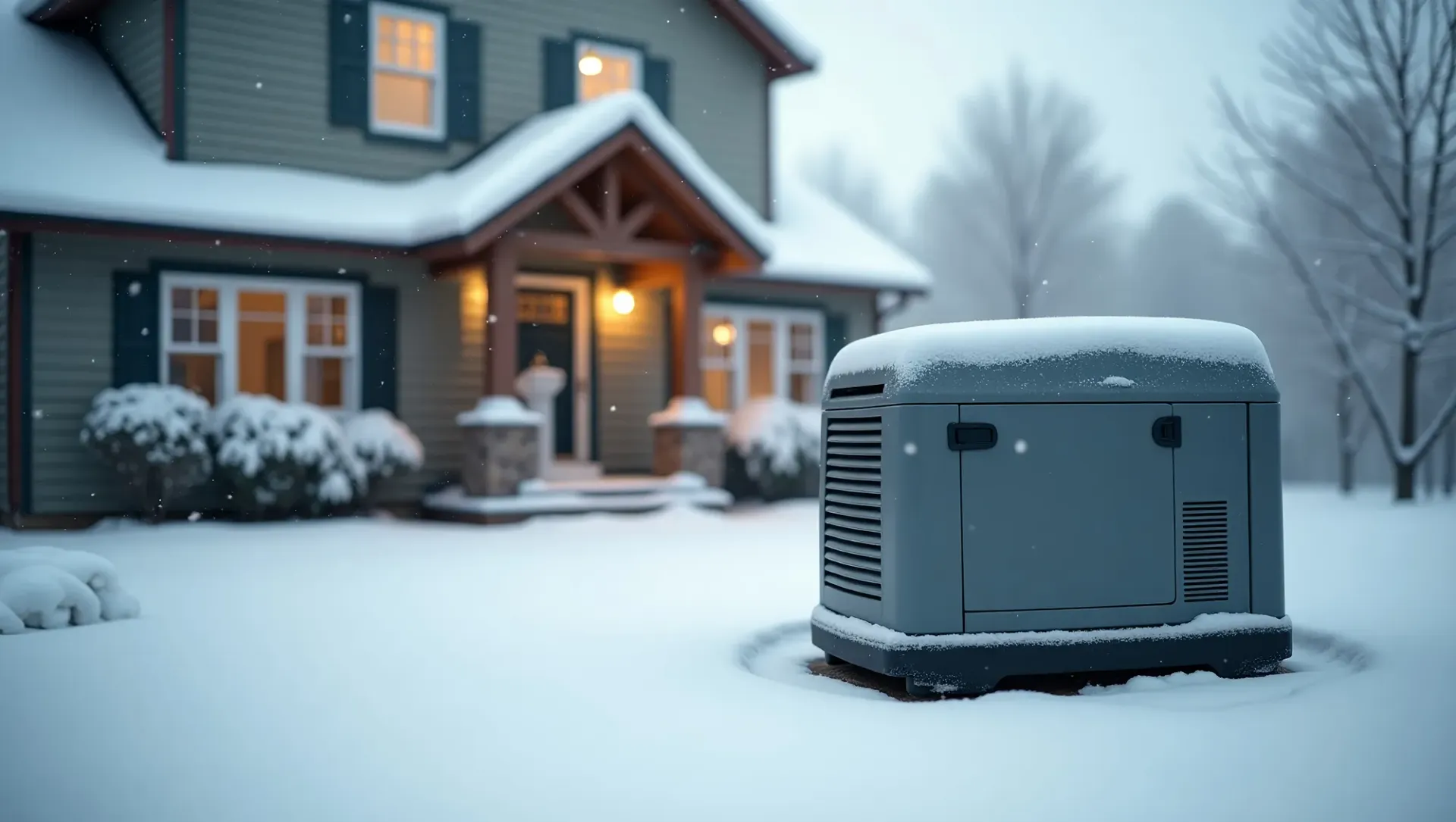 Snow-covered house with a generator in the yard. Snow is falling.