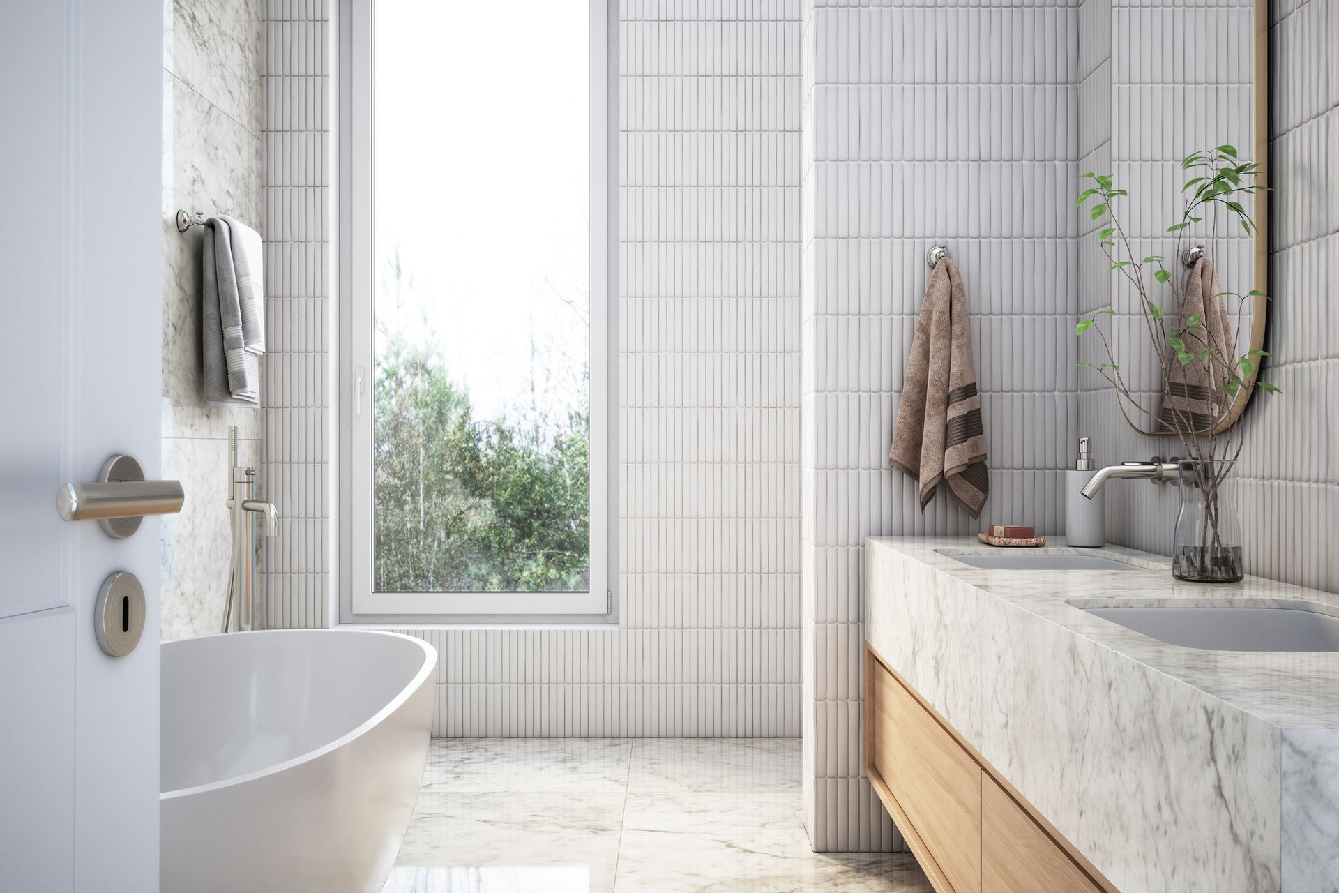 A bathroom with a tub , sink , mirror and window.