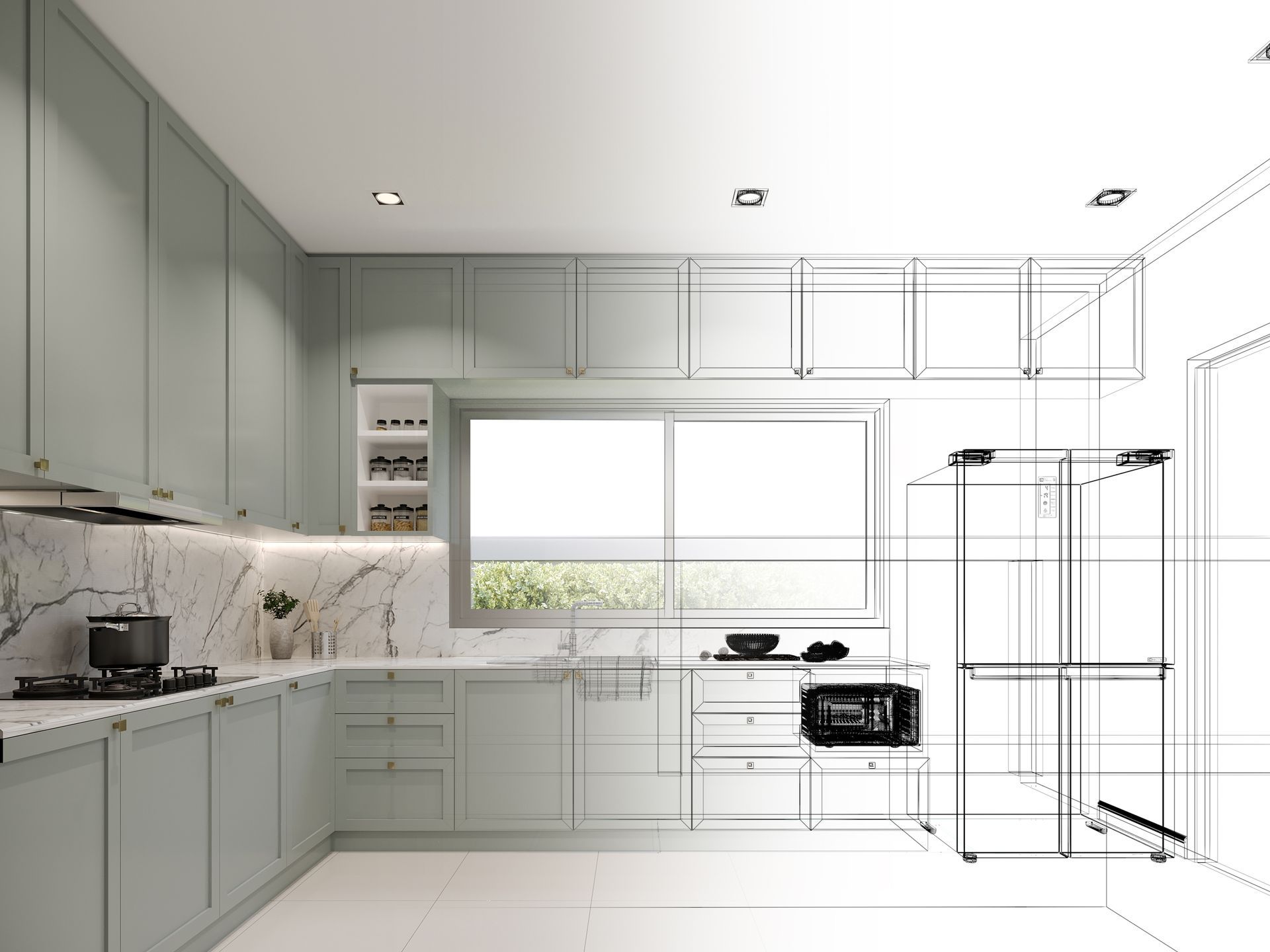 A black and white drawing of a kitchen with white cabinets and a window.