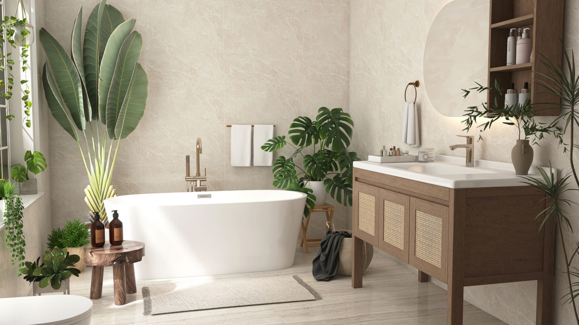 A bathroom with a bathtub , sink , mirror and plants.