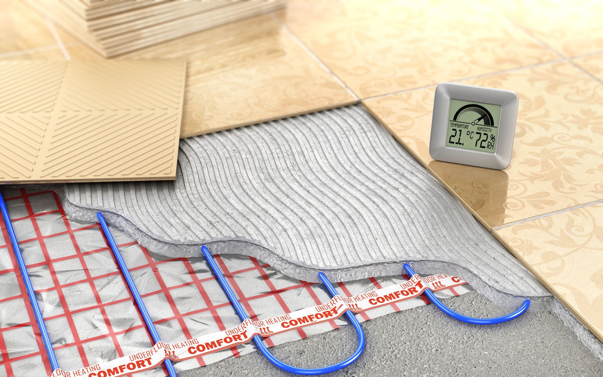 A close up of a heated floor with a thermometer next to it.