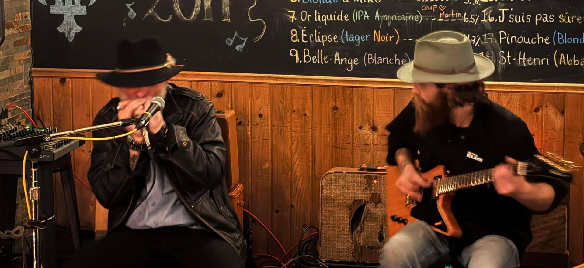 Deux musiciens assis un jouant l'harmonica et l'autre une guitare
