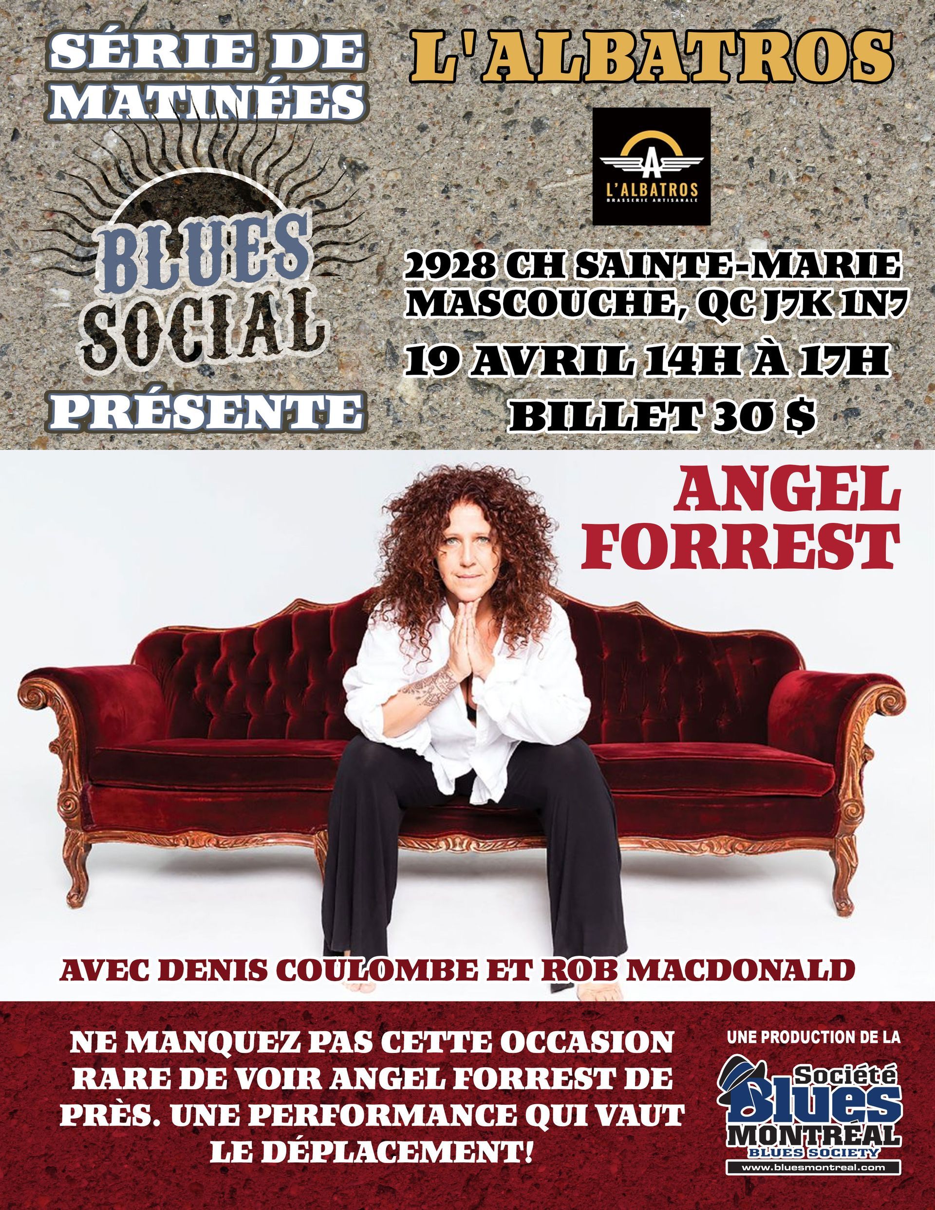 Poster announcing a Blues Social show with Angel Forrest sitting on a red velvet sofa.